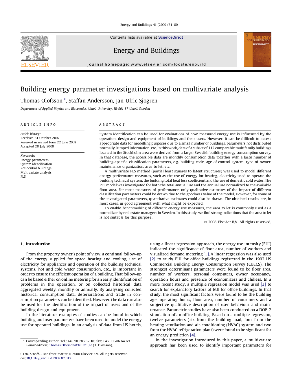 Building energy parameter investigations based on multivariate analysis