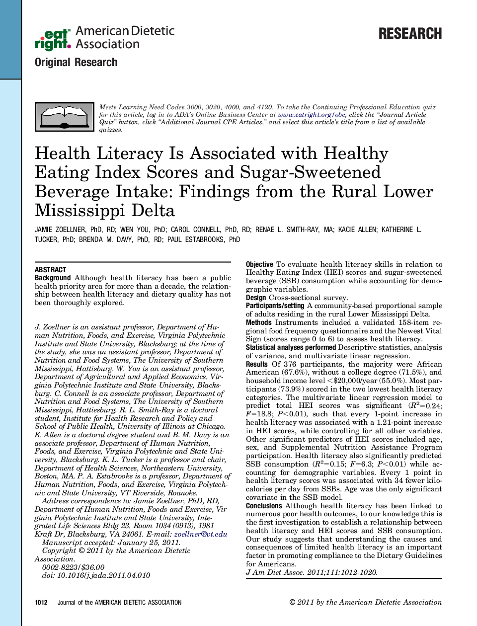 Health Literacy Is Associated with Healthy Eating Index Scores and Sugar-Sweetened Beverage Intake: Findings from the Rural Lower Mississippi Delta 