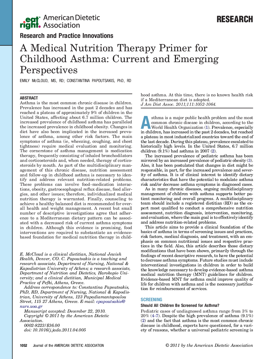 A Medical Nutrition Therapy Primer for Childhood Asthma: Current and Emerging Perspectives