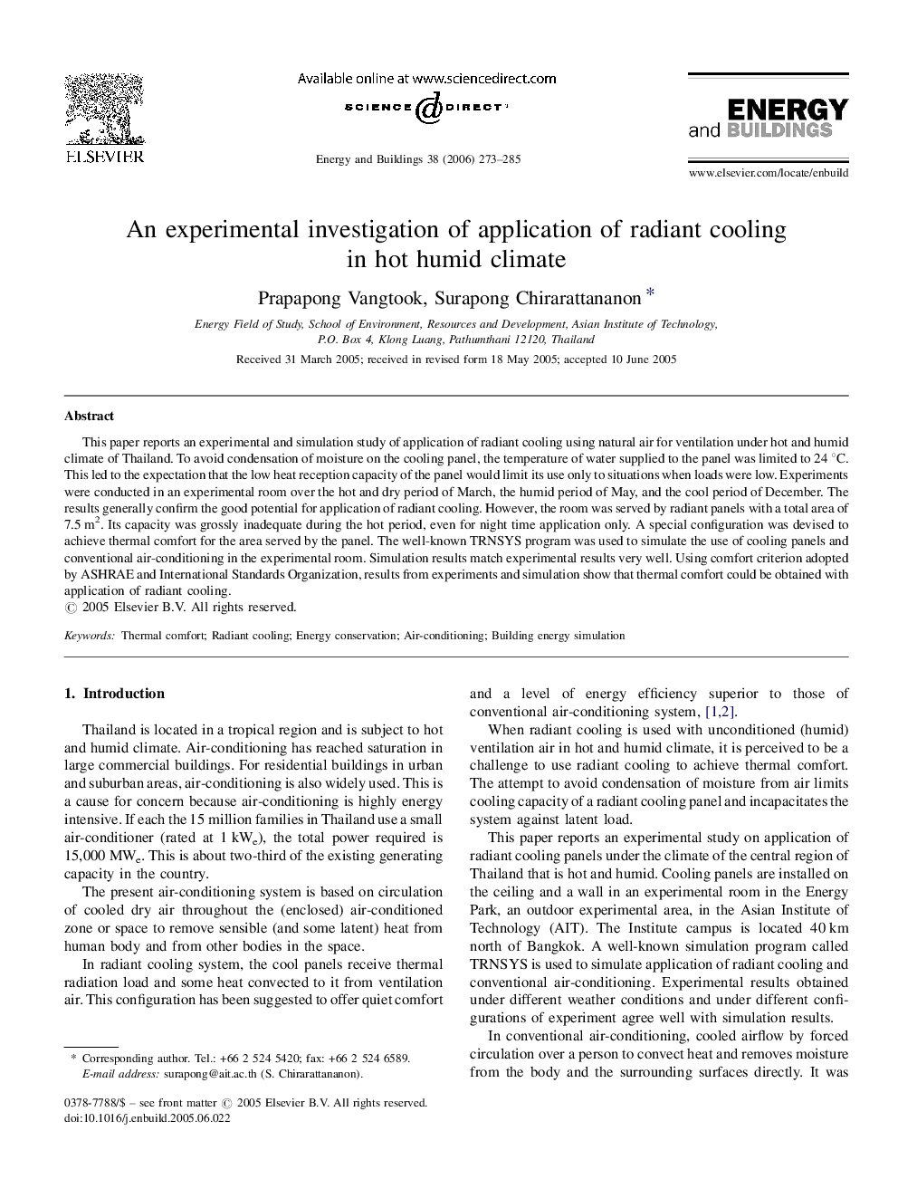 An experimental investigation of application of radiant cooling in hot humid climate