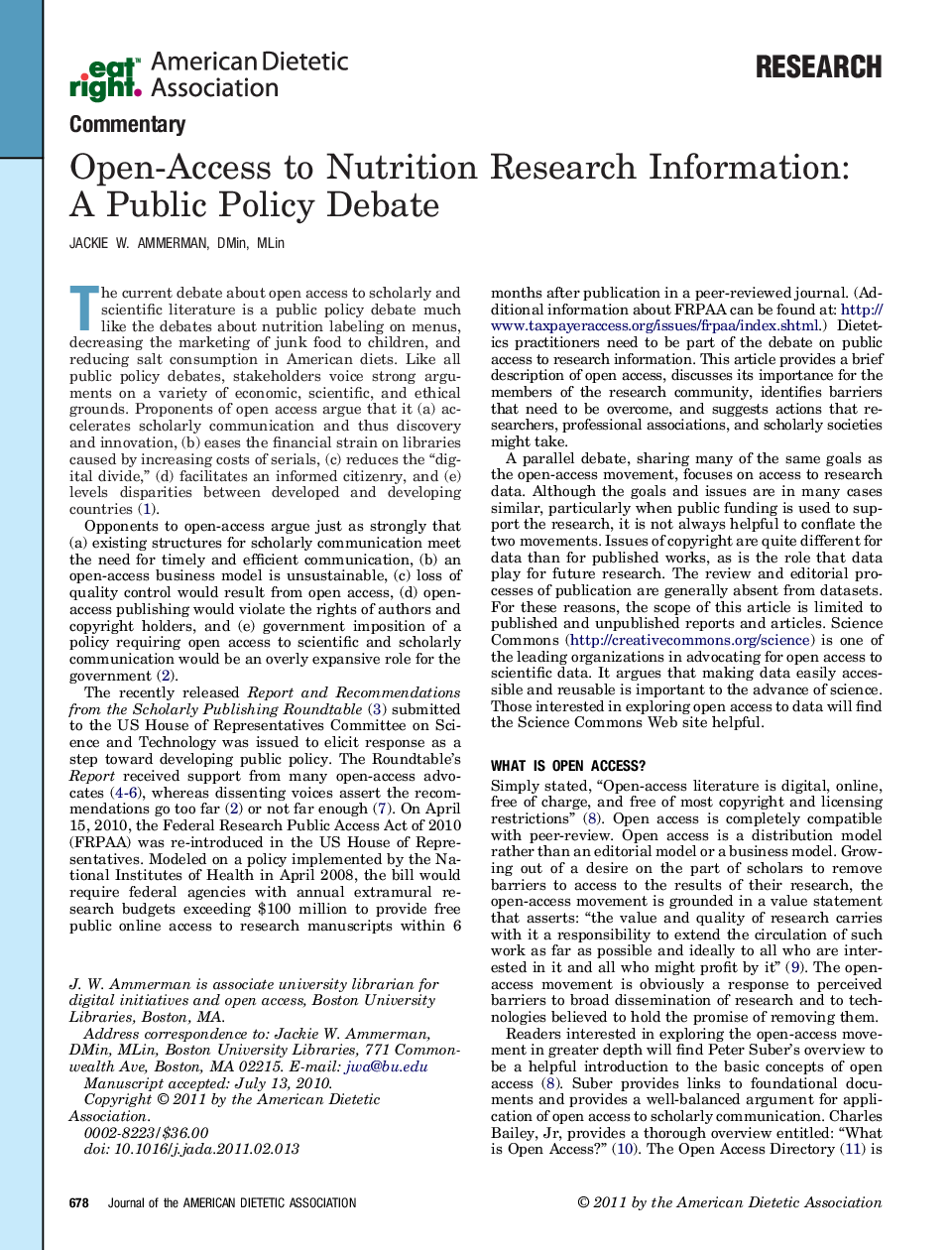 Open-Access to Nutrition Research Information: A Public Policy Debate