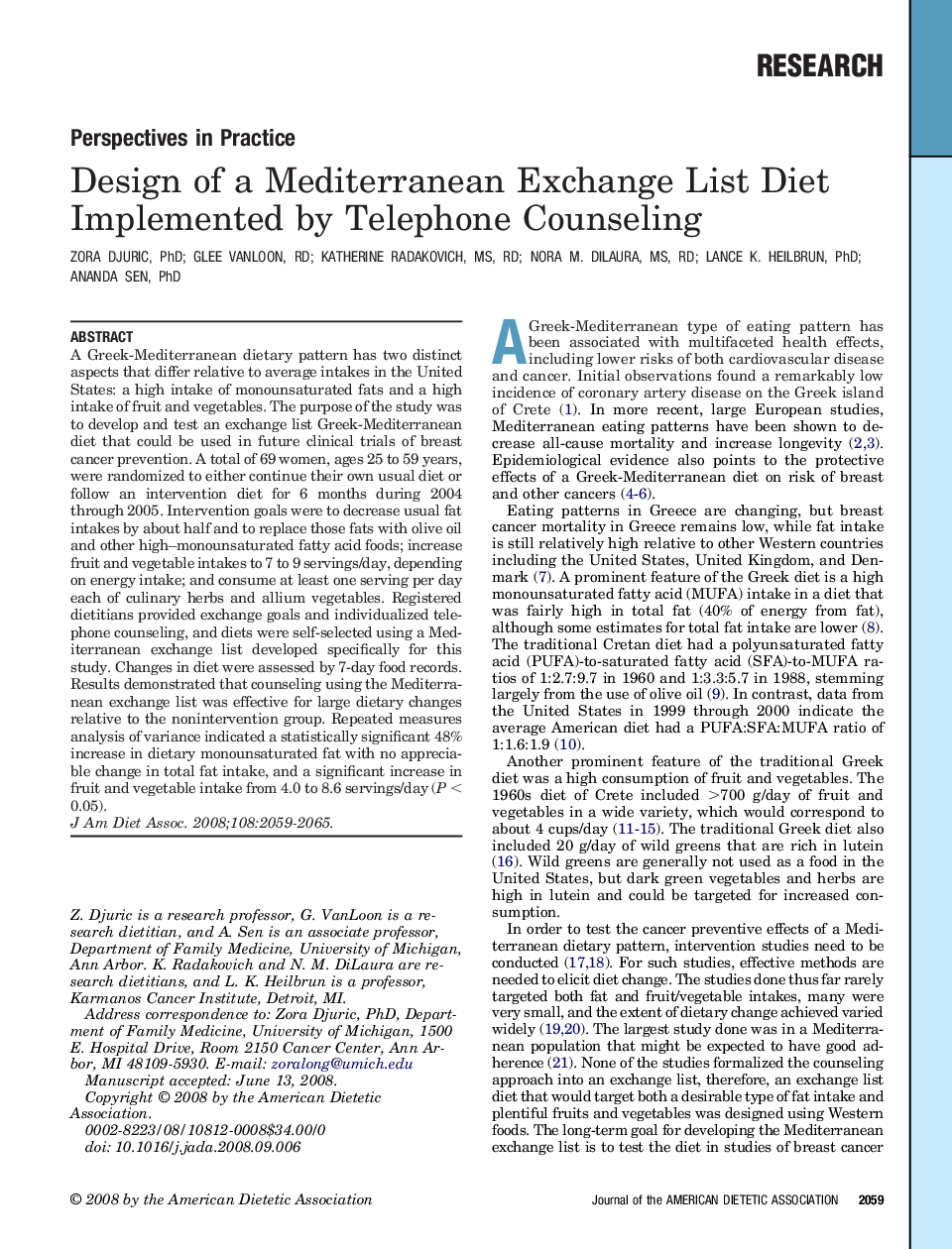 Design of a Mediterranean Exchange List Diet Implemented by Telephone Counseling