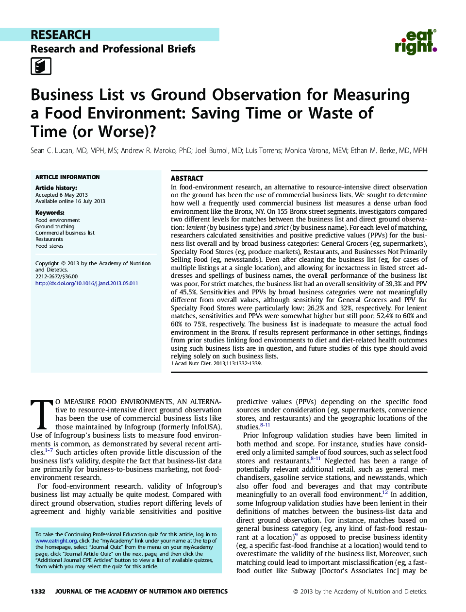 Business List vs Ground Observation for Measuring a Food Environment: Saving Time or Waste of Time (or Worse)? 