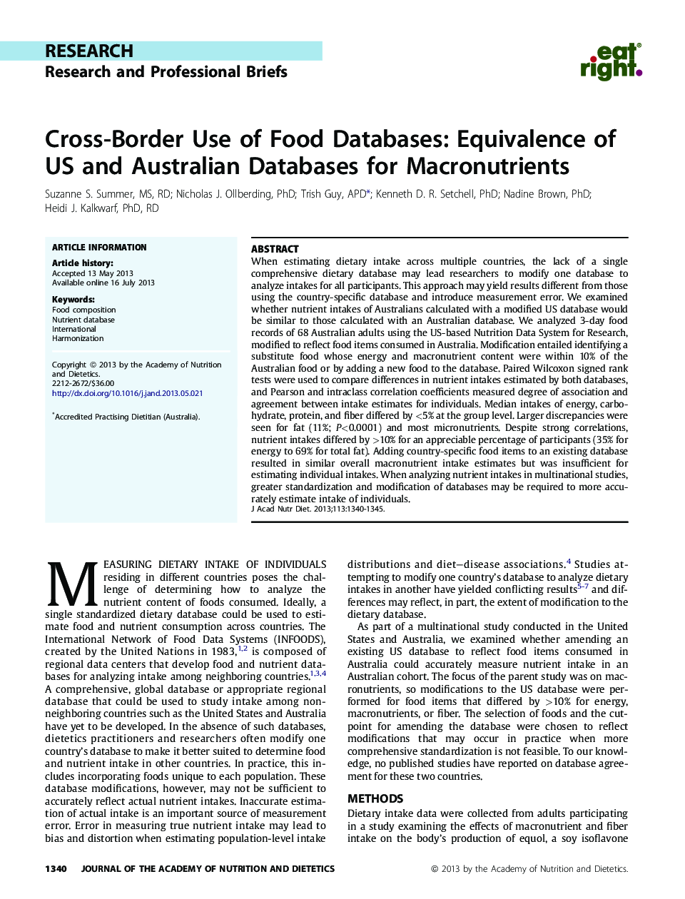 Cross-Border Use of Food Databases: Equivalence of US and Australian Databases for Macronutrients 