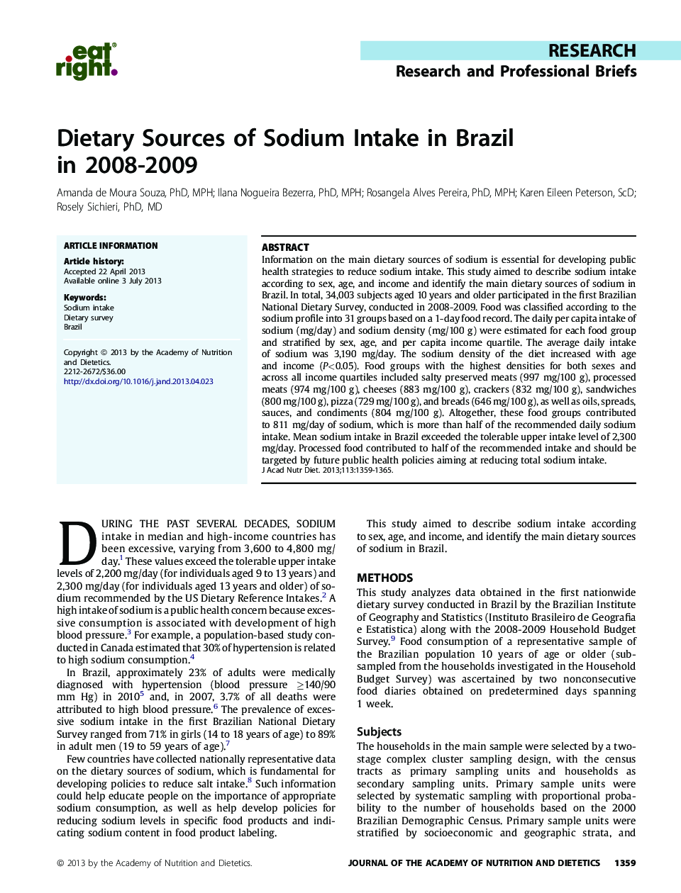 Dietary Sources of Sodium Intake in Brazil in 2008-2009 