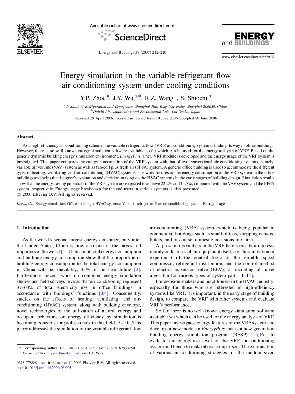 Energy simulation in the variable refrigerant flow air-conditioning system under cooling conditions