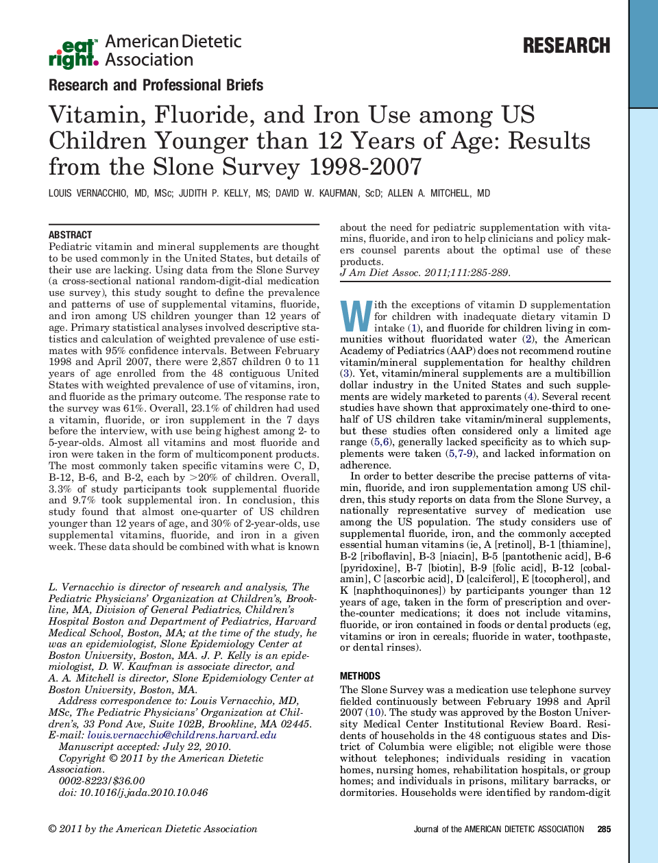 استفاده از ویتامین، فلوراید و آهن در میان کودکان زیر 12 سال سن در ایالات متحده: نتایج حاصل از بررسی های اسلون 1998-2007