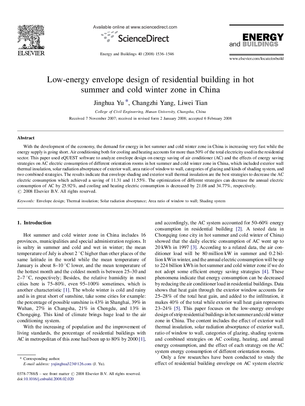 Low-energy envelope design of residential building in hot summer and cold winter zone in China