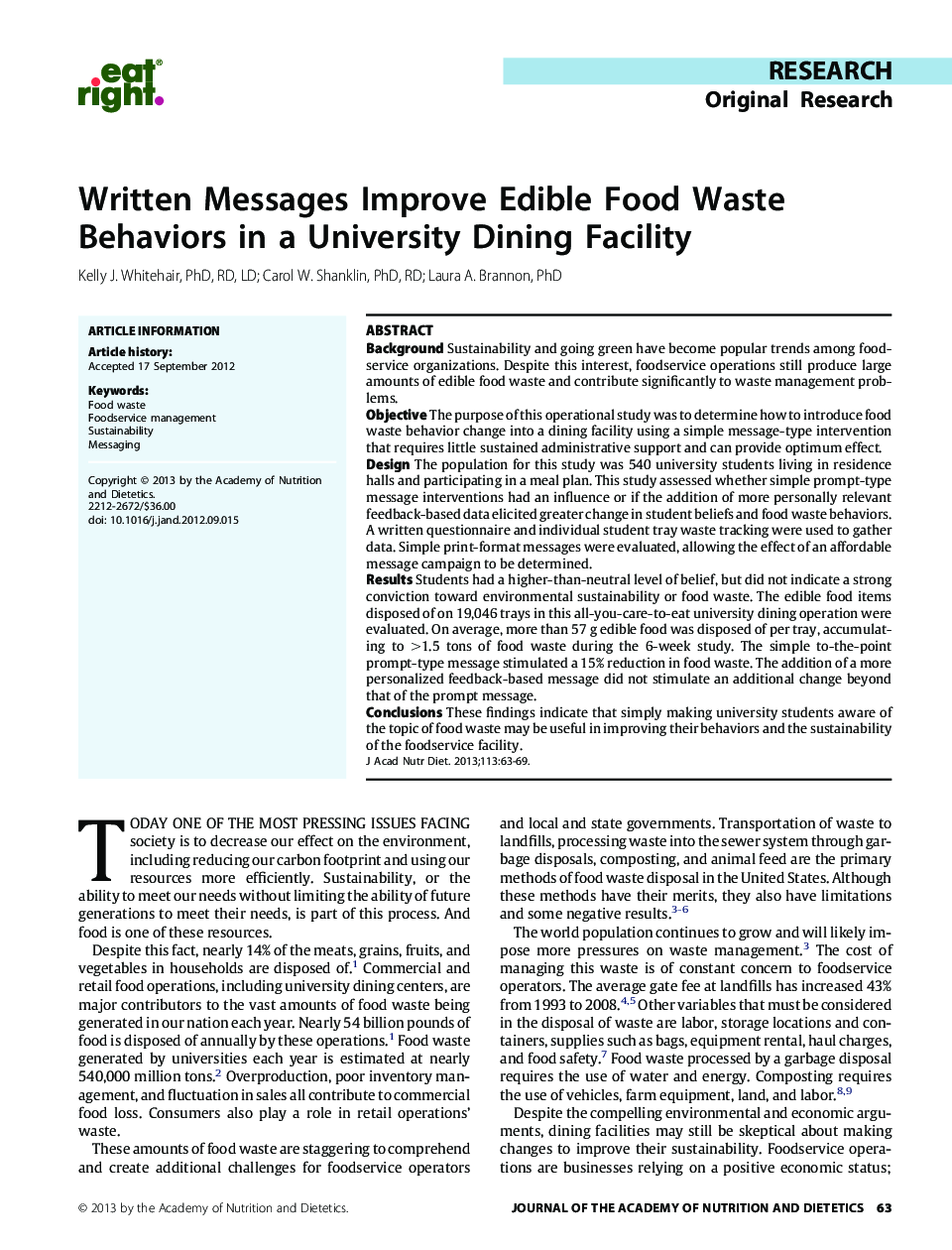 Written Messages Improve Edible Food Waste Behaviors in a University Dining Facility 