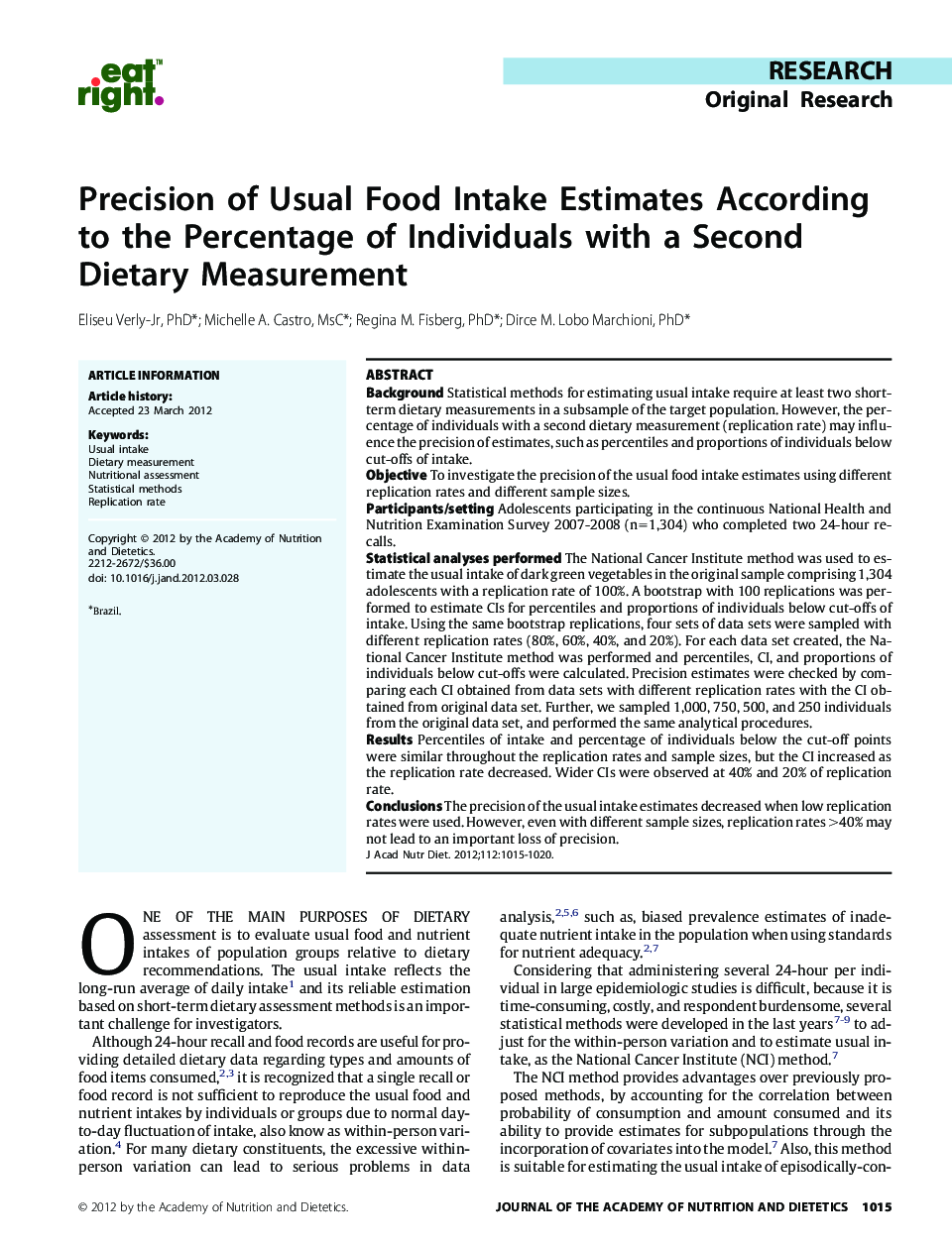 Precision of Usual Food Intake Estimates According to the Percentage of Individuals with a Second Dietary Measurement 