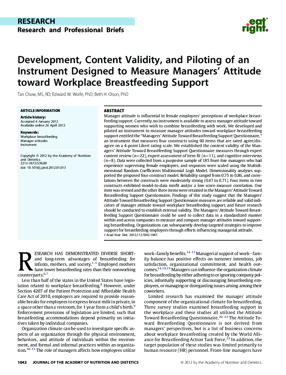 Development, Content Validity, and Piloting of an Instrument Designed to Measure Managers' Attitude toward Workplace Breastfeeding Support 