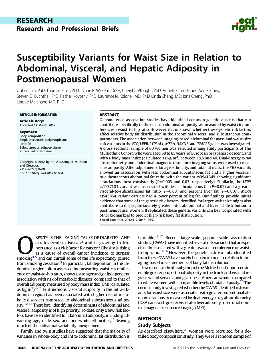 Susceptibility Variants for Waist Size in Relation to Abdominal, Visceral, and Hepatic Adiposity in Postmenopausal Women 