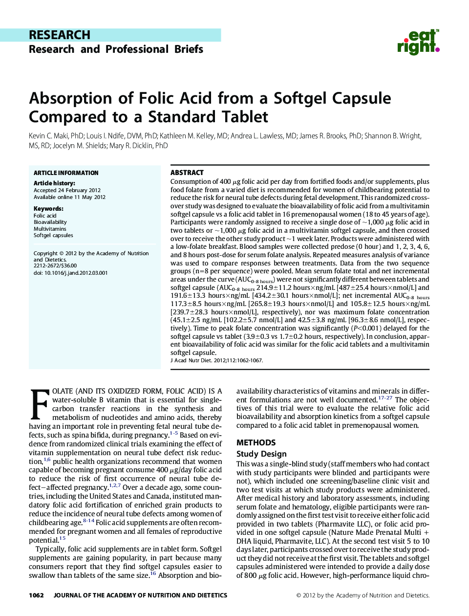 Absorption of Folic Acid from a Softgel Capsule Compared to a Standard Tablet 