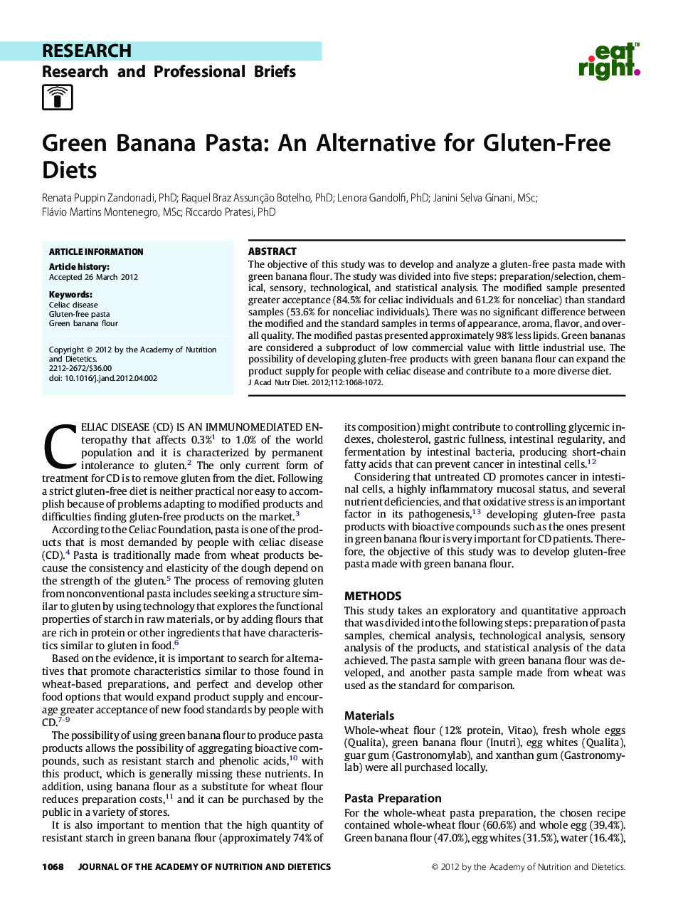 Green Banana Pasta: An Alternative for Gluten-Free Diets 