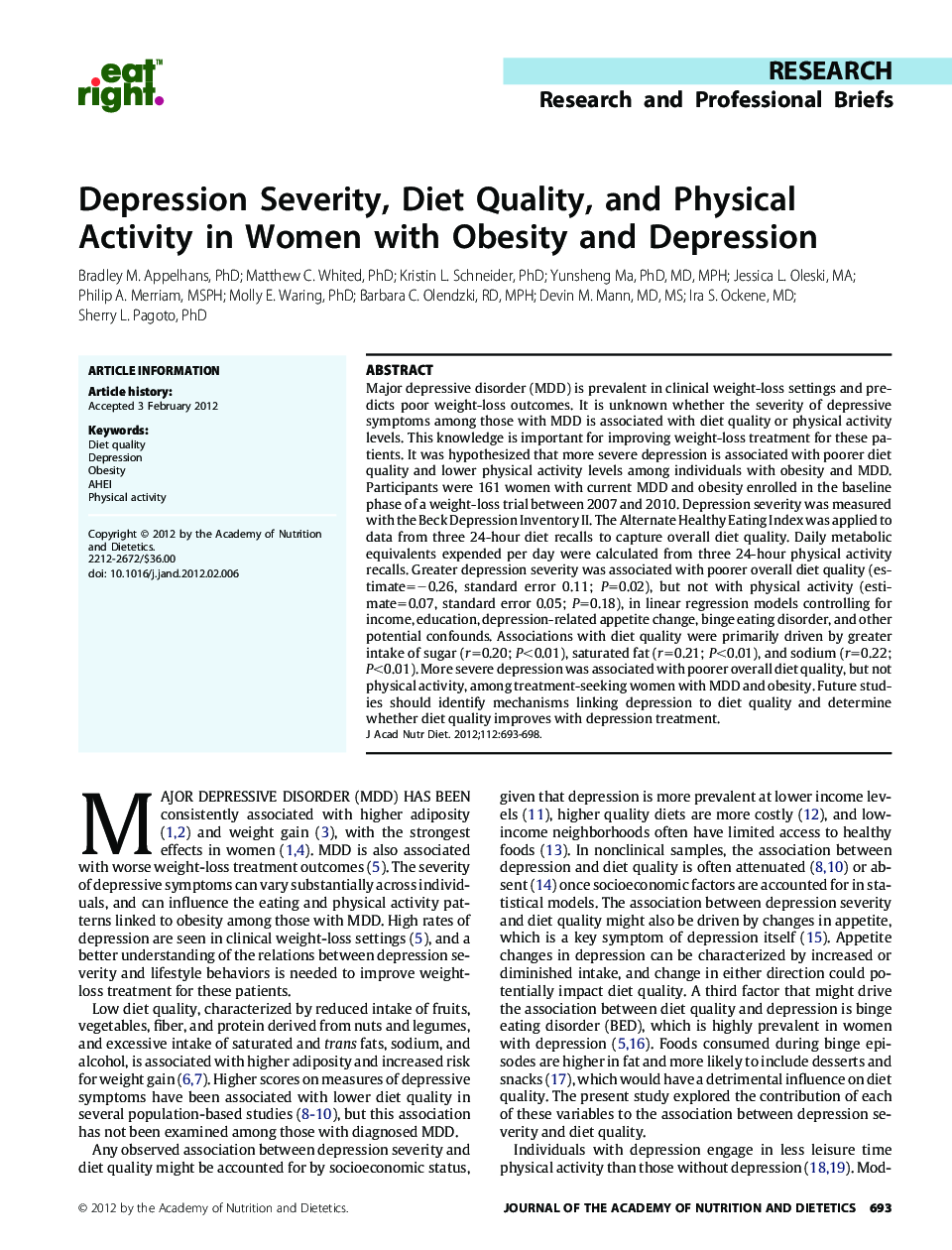 Depression Severity, Diet Quality, and Physical Activity in Women with Obesity and Depression 