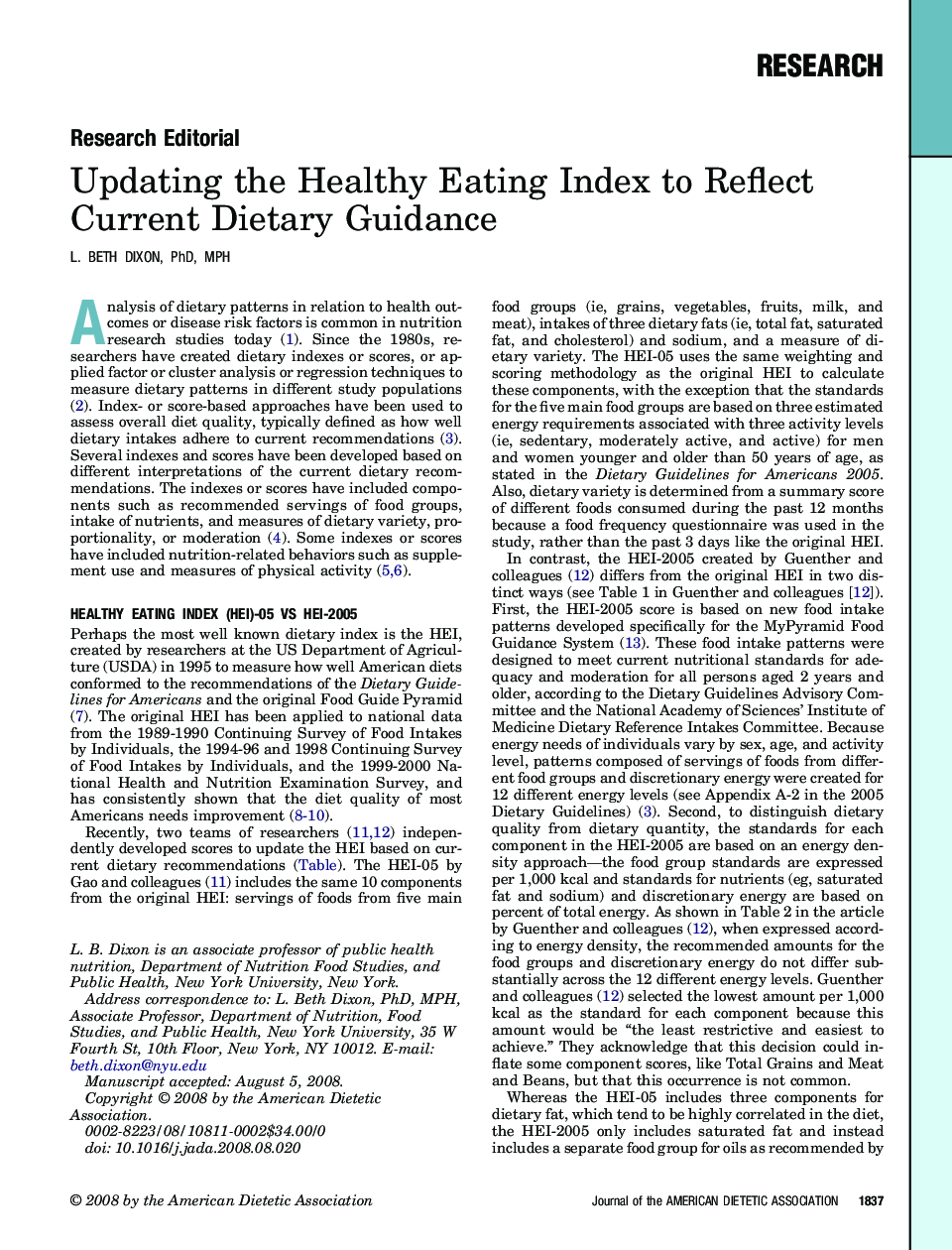 Updating the Healthy Eating Index to Reflect Current Dietary Guidance