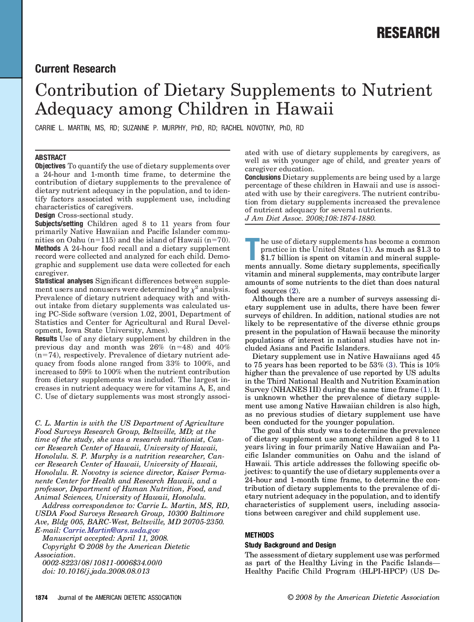 Contribution of Dietary Supplements to Nutrient Adequacy among Children in Hawaii