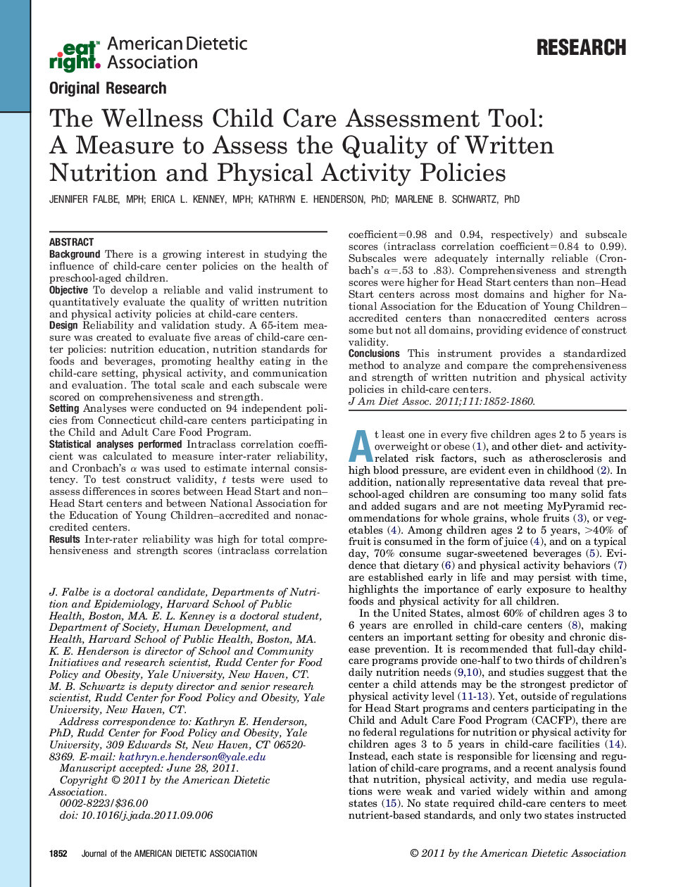 The Wellness Child Care Assessment Tool: A Measure to Assess the Quality of Written Nutrition and Physical Activity Policies