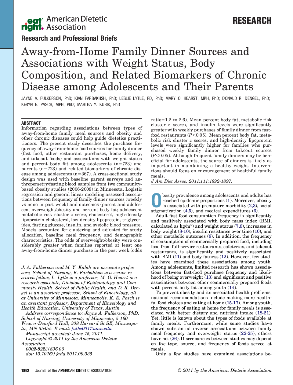 Away-from-Home Family Dinner Sources and Associations with Weight Status, Body Composition, and Related Biomarkers of Chronic Disease among Adolescents and Their Parents