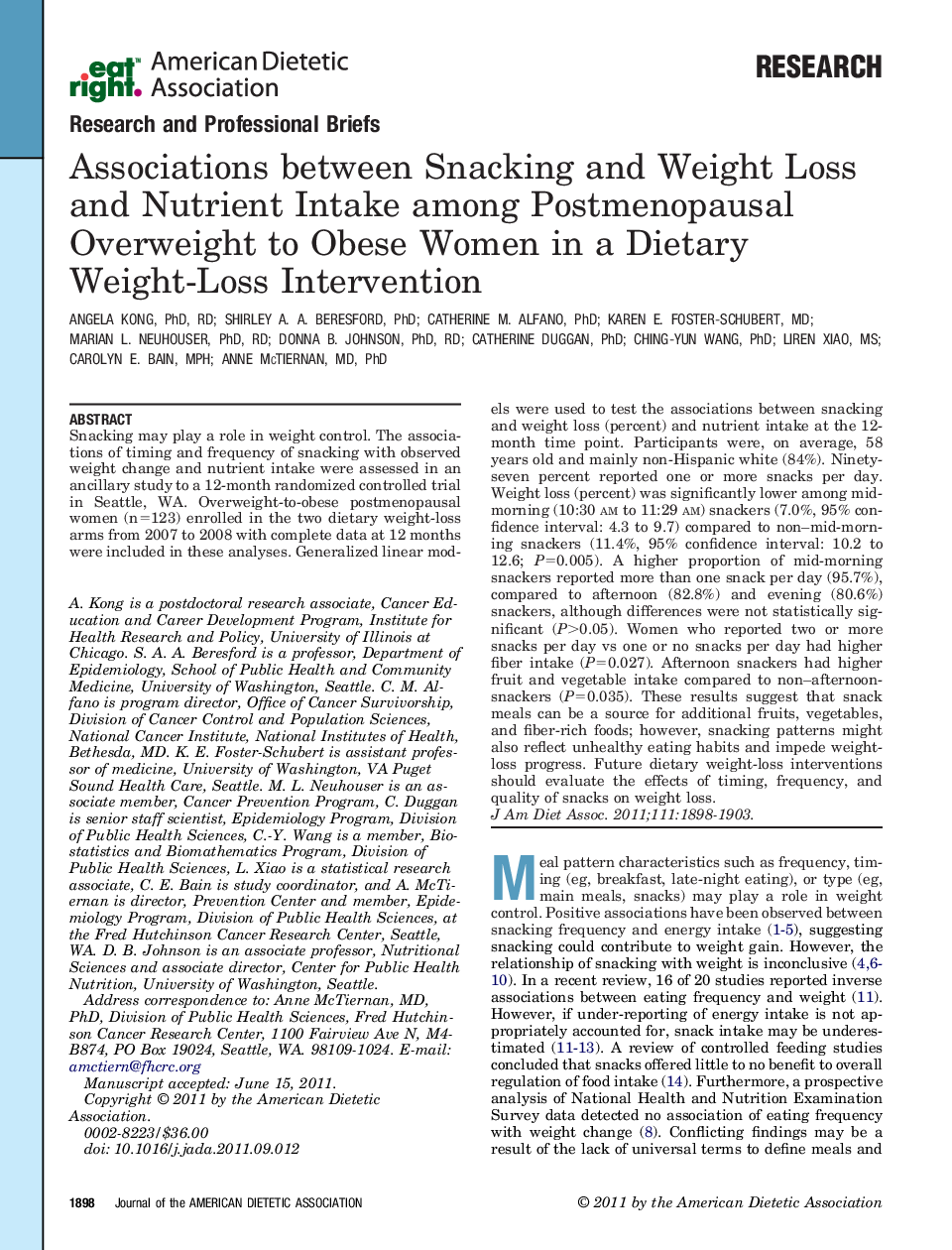 Associations between Snacking and Weight Loss and Nutrient Intake among Postmenopausal Overweight to Obese Women in a Dietary Weight-Loss Intervention