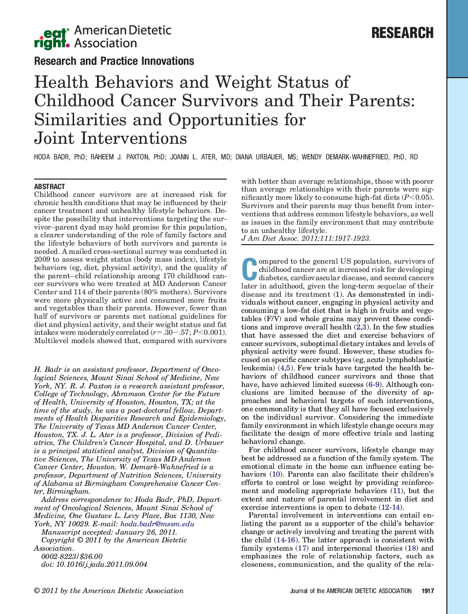 Health Behaviors and Weight Status of Childhood Cancer Survivors and Their Parents: Similarities and Opportunities for Joint Interventions