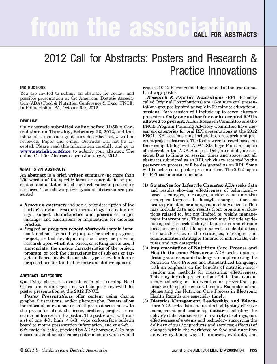 2012 Call for Abstracts: Posters and Research & Practice Innovations