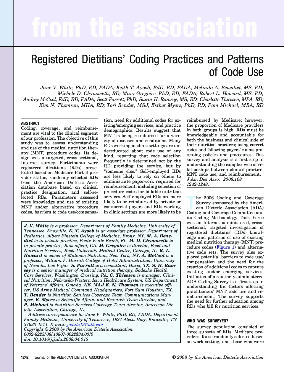 Registered Dietitians' Coding Practices and Patterns of Code Use 