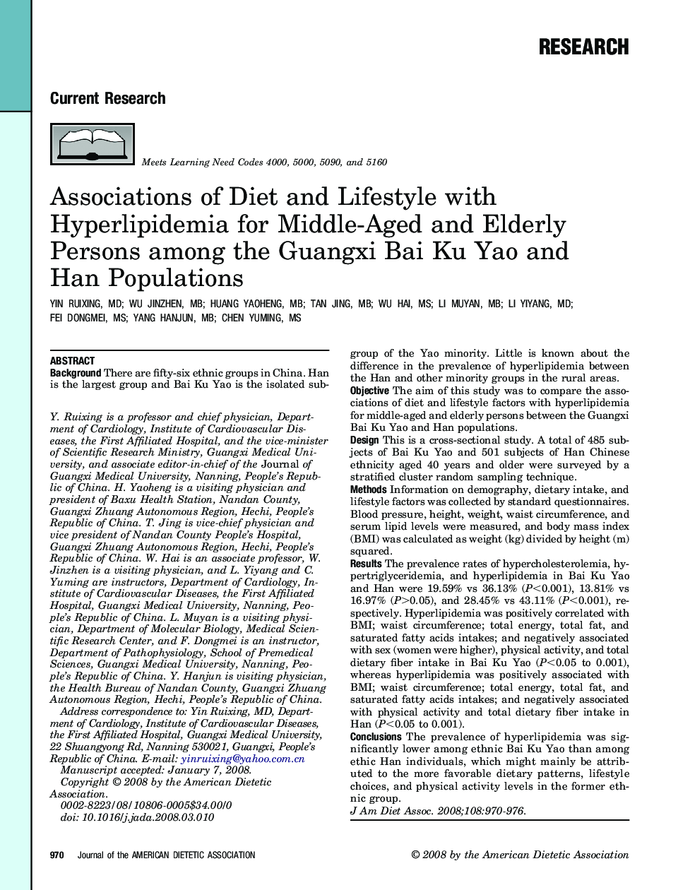 Associations of Diet and Lifestyle with Hyperlipidemia for Middle-Aged and Elderly Persons among the Guangxi Bai Ku Yao and Han Populations