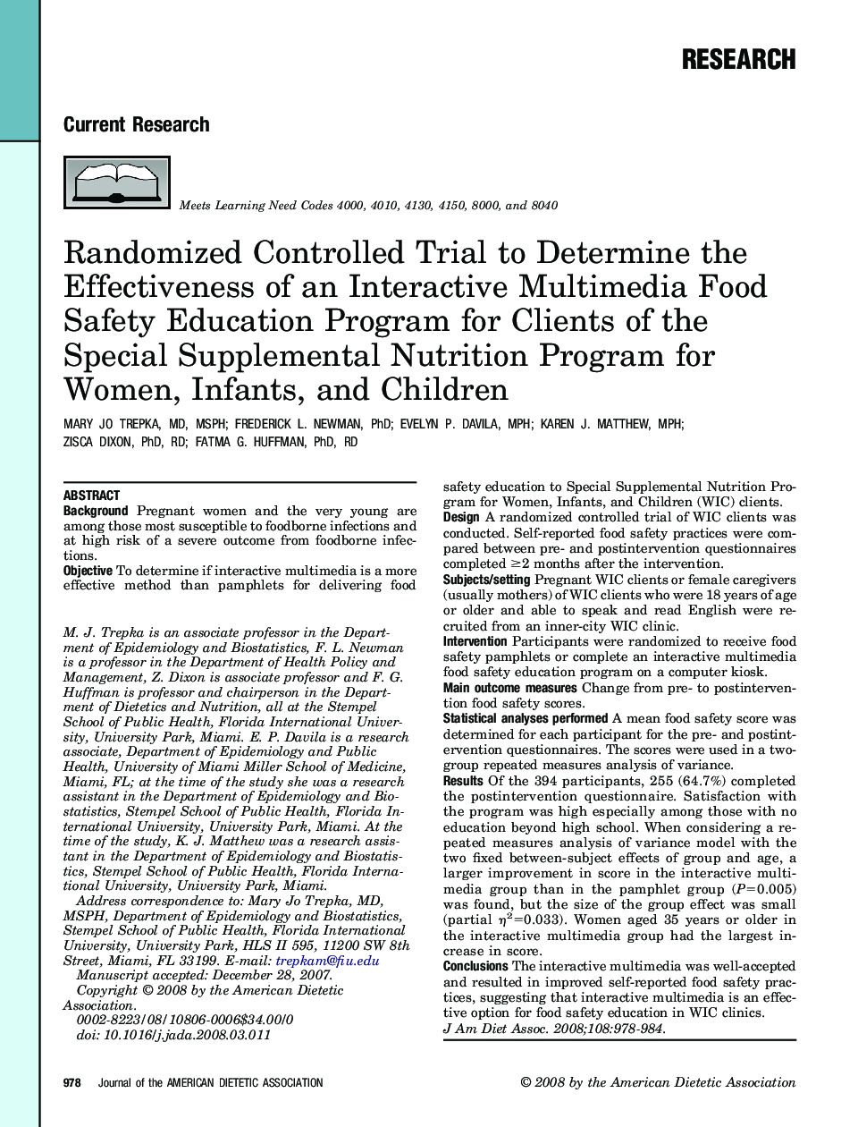 Randomized Controlled Trial to Determine the Effectiveness of an Interactive Multimedia Food Safety Education Program for Clients of the Special Supplemental Nutrition Program for Women, Infants, and Children