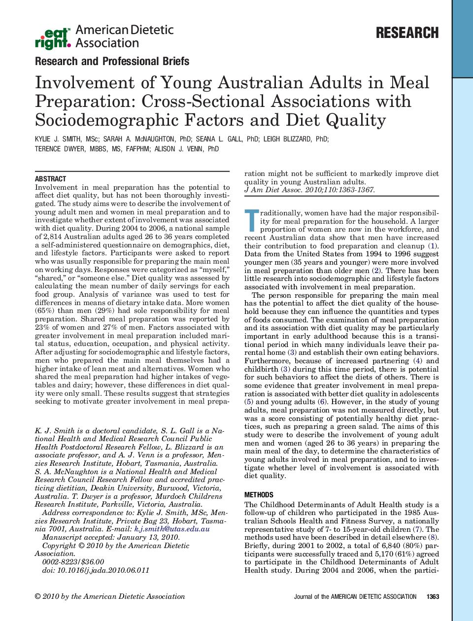 Involvement of Young Australian Adults in Meal Preparation: Cross-Sectional Associations with Sociodemographic Factors and Diet Quality