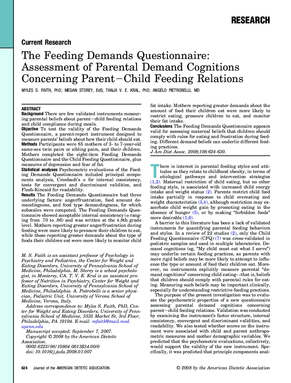 The Feeding Demands Questionnaire: Assessment of Parental Demand Cognitions Concerning Parent−Child Feeding Relations