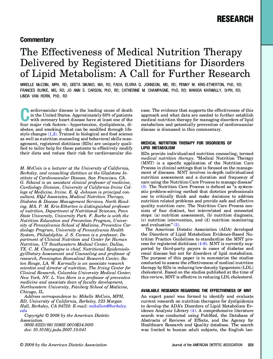 The Effectiveness of Medical Nutrition Therapy Delivered by Registered Dietitians for Disorders of Lipid Metabolism: A Call for Further Research