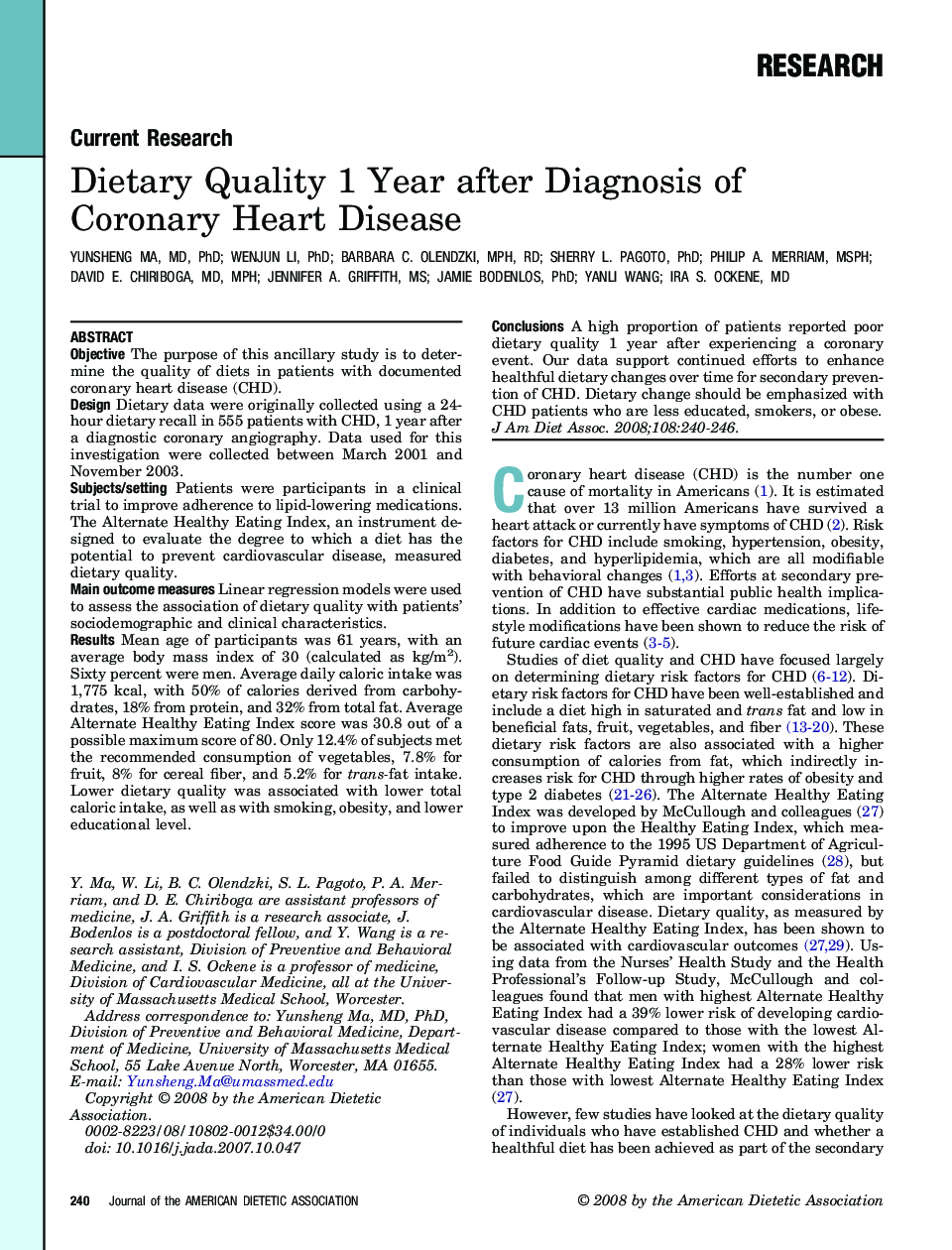 Dietary Quality 1 Year after Diagnosis of Coronary Heart Disease