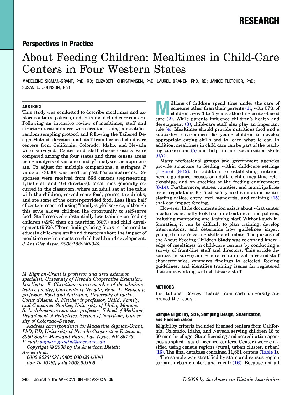 About Feeding Children: Mealtimes in Child-Care Centers in Four Western States