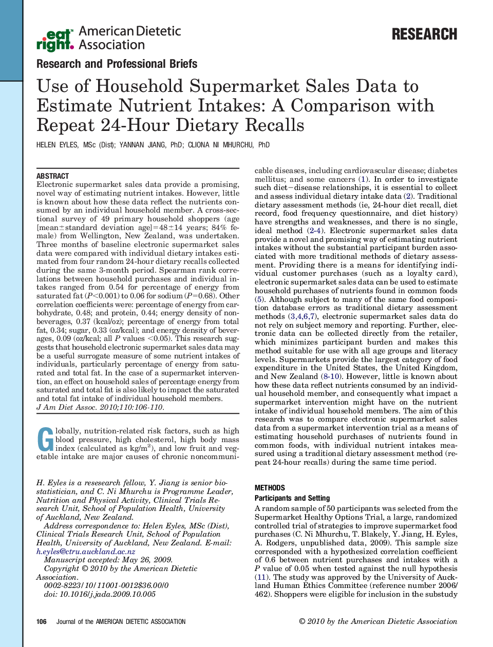 Use of Household Supermarket Sales Data to Estimate Nutrient Intakes: A Comparison with Repeat 24-Hour Dietary Recalls