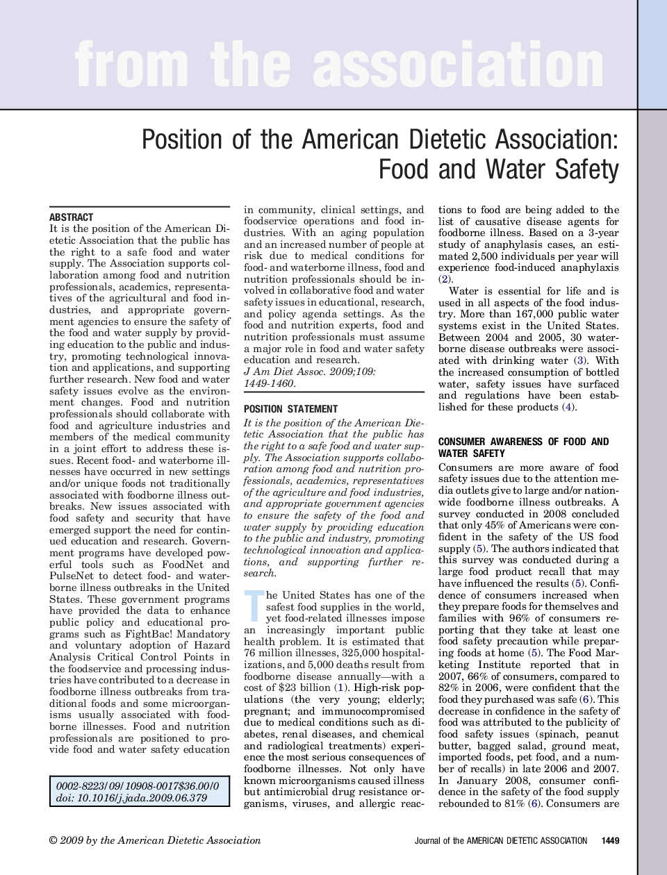 عکس صفحه اول مقاله: Position of the American Dietetic Association: Food and Water Safety Position of the American Dietetic Association: Food and Water Safety