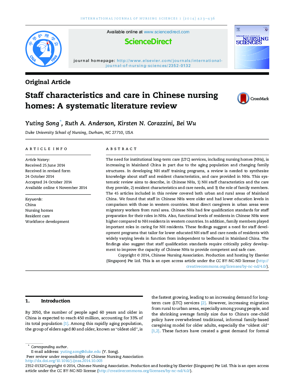 Staff characteristics and care in Chinese nursing homes: A systematic literature review 