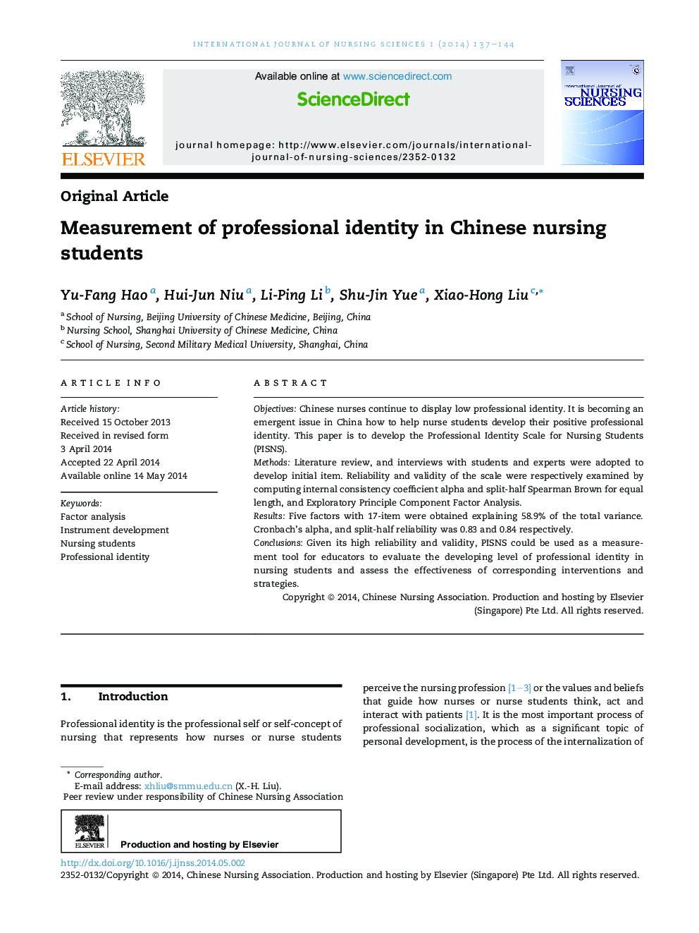 Measurement of professional identity in Chinese nursing students 