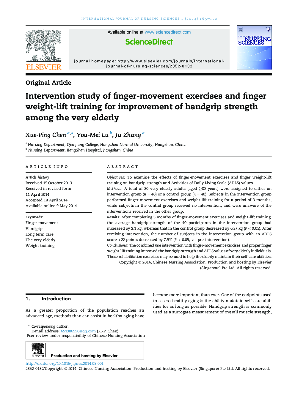 Intervention study of finger-movement exercises and finger weight-lift training for improvement of handgrip strength among the very elderly 