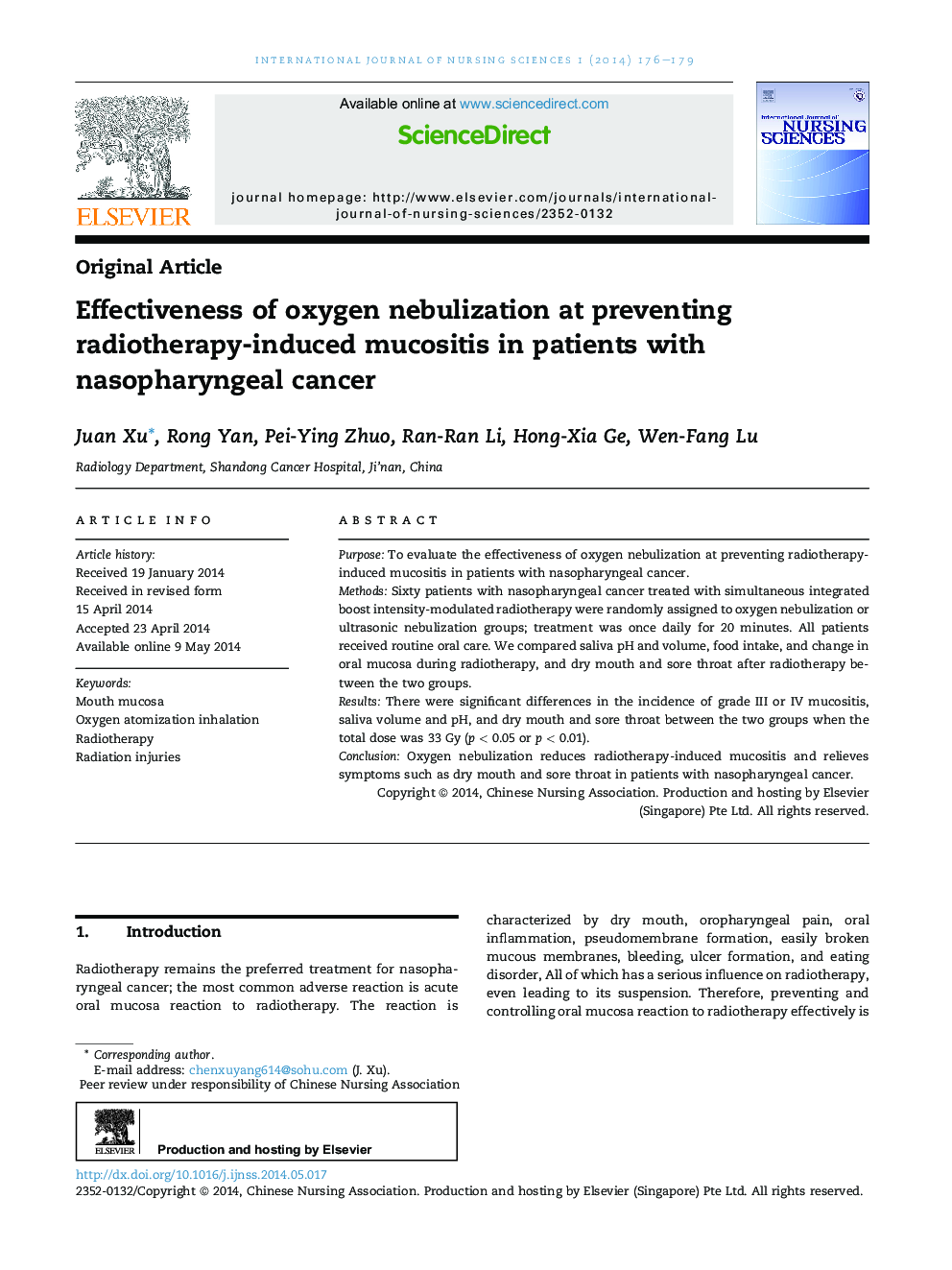 Effectiveness of oxygen nebulization at preventing radiotherapy-induced mucositis in patients with nasopharyngeal cancer 