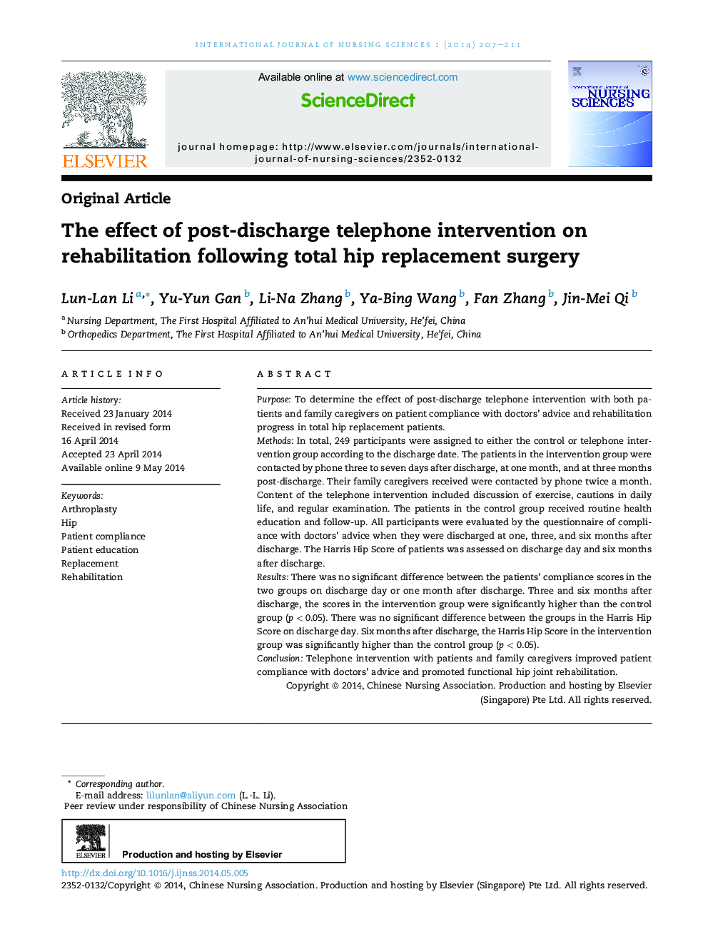 The effect of post-discharge telephone intervention on rehabilitation following total hip replacement surgery 