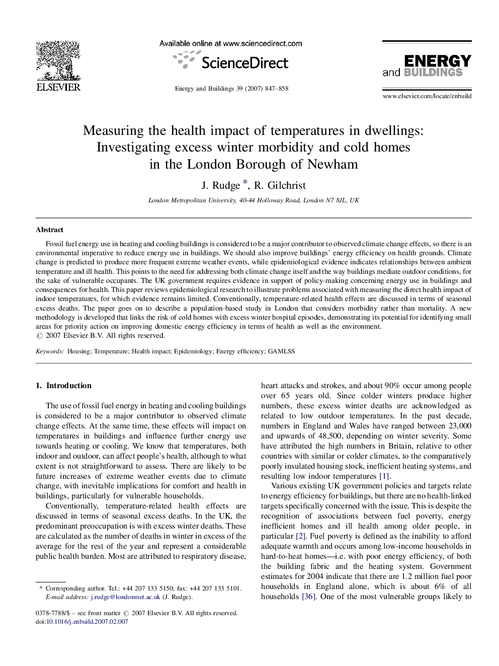 Measuring the health impact of temperatures in dwellings: Investigating excess winter morbidity and cold homes in the London Borough of Newham