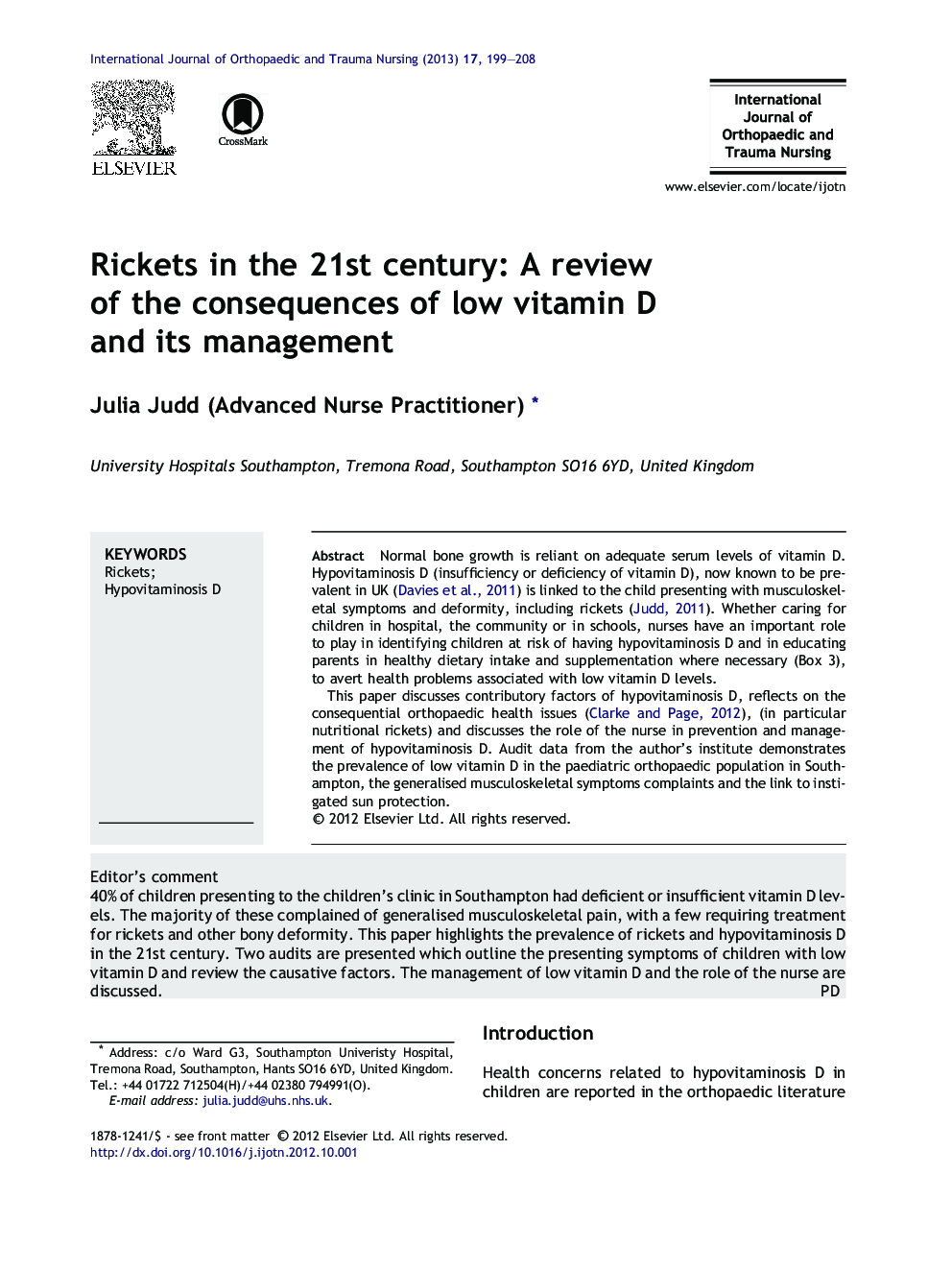 Rickets in the 21st century: A review of the consequences of low vitamin D and its management
