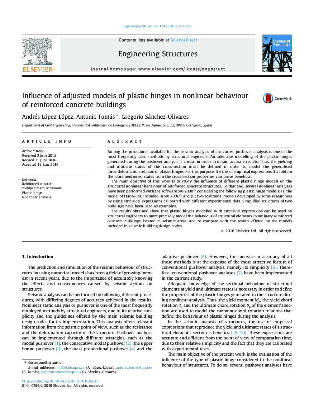 Influence of adjusted models of plastic hinges in nonlinear behaviour of reinforced concrete buildings