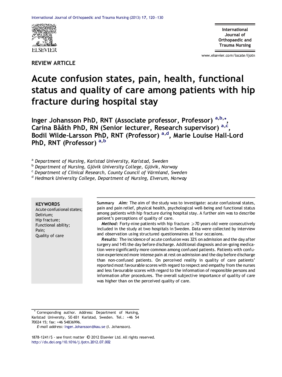 Acute confusion states, pain, health, functional status and quality of care among patients with hip fracture during hospital stay