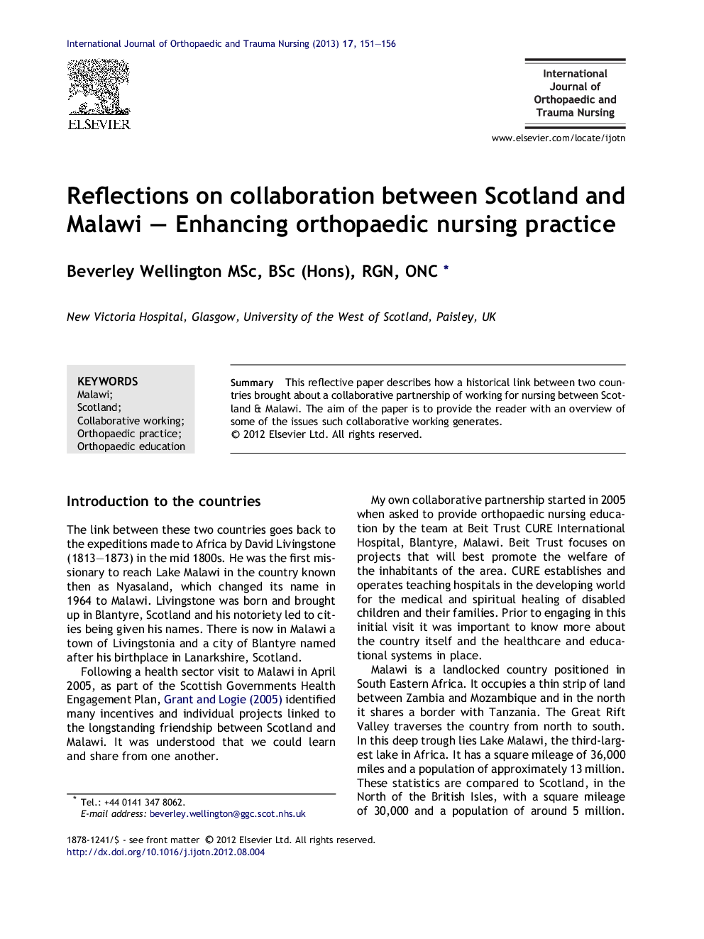 Reflections on collaboration between Scotland and Malawi – Enhancing orthopaedic nursing practice