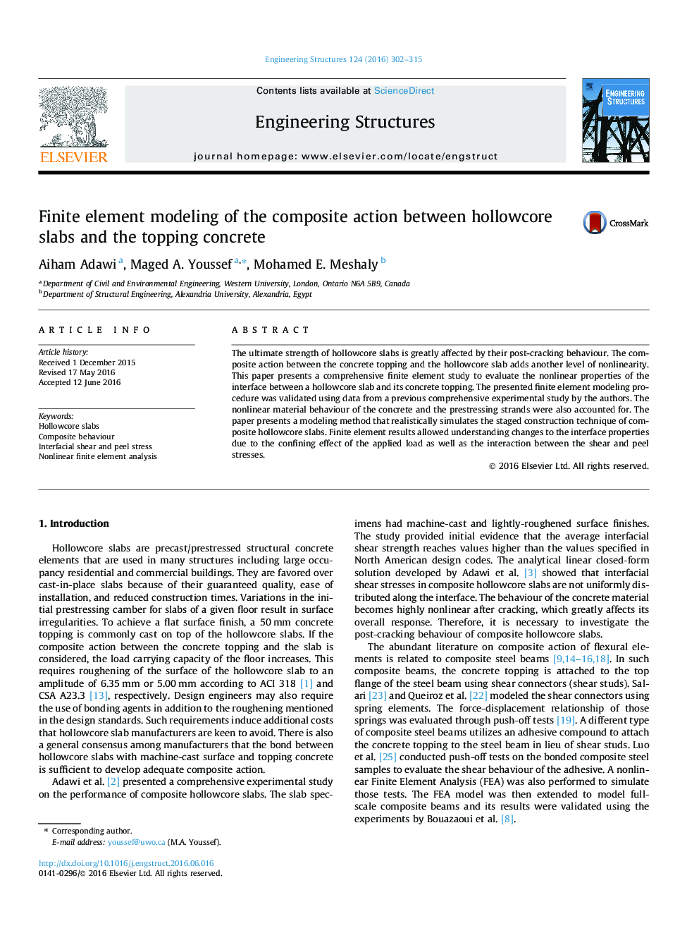 Finite element modeling of the composite action between hollowcore slabs and the topping concrete