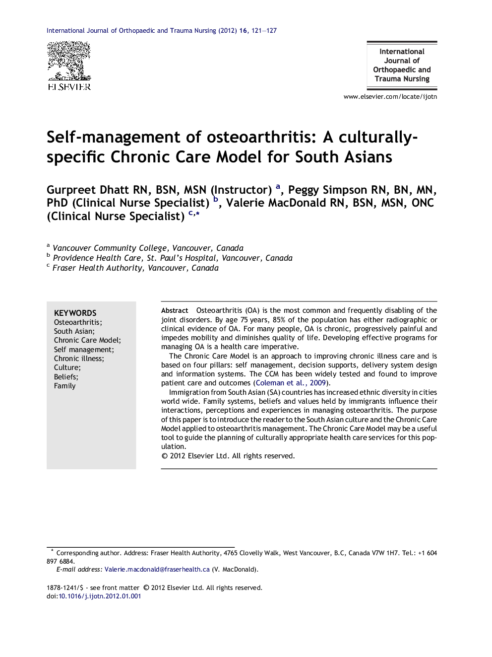 Self-management of osteoarthritis: A culturally-specific Chronic Care Model for South Asians