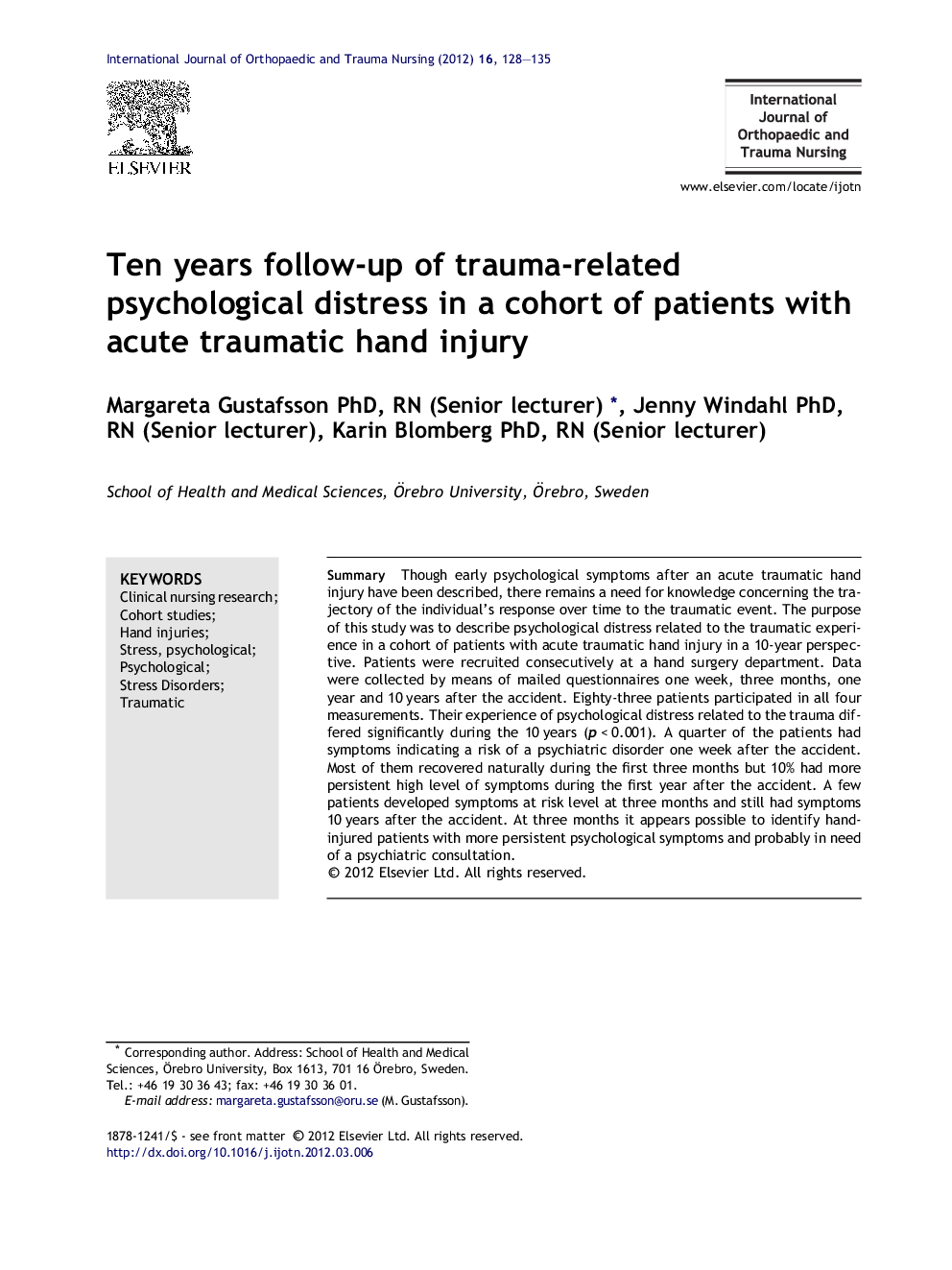 Ten years follow-up of trauma-related psychological distress in a cohort of patients with acute traumatic hand injury