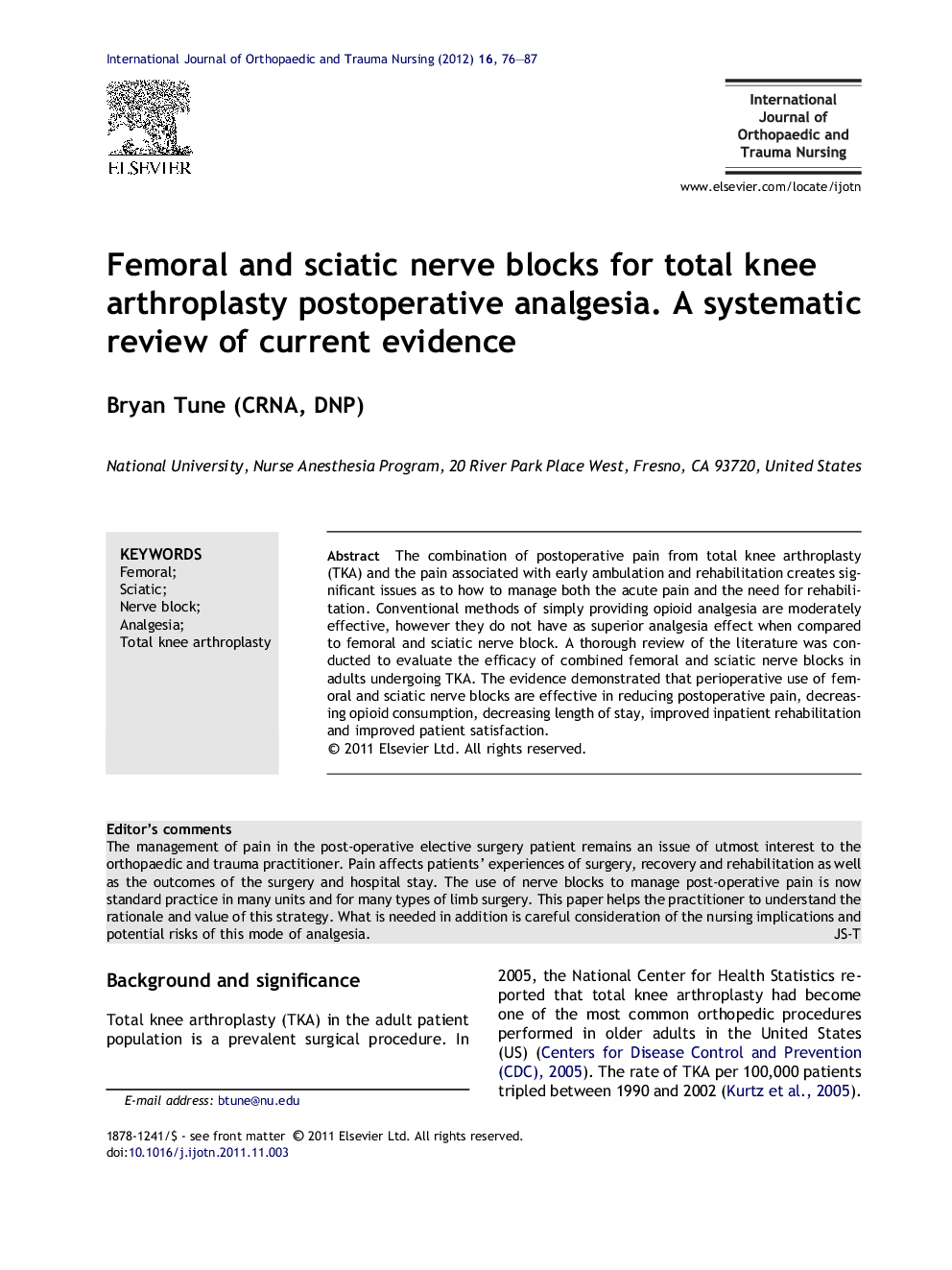 Femoral and sciatic nerve blocks for total knee arthroplasty postoperative analgesia. A systematic review of current evidence